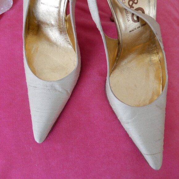 D&G Dolce & Gabbana Italy Cream Gold Silk Heels 37.5 US 7.5 - Picture 5 of 15